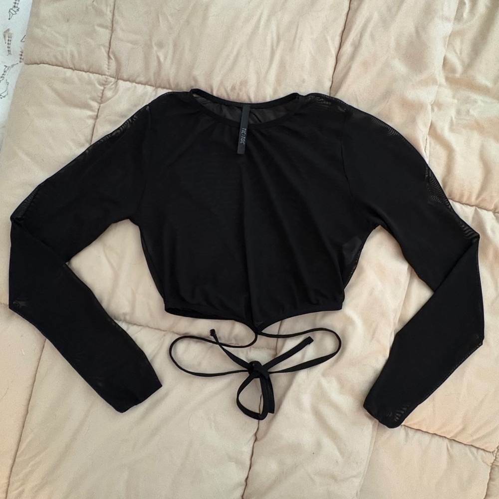 Black mesh long sleeve cropped top
